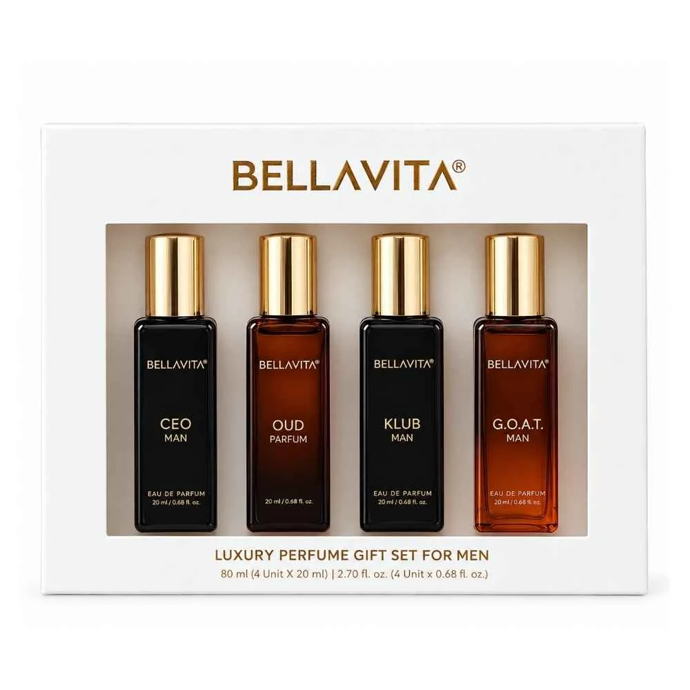 BELLAVITA Luxury Perfume Gift Set For Men - OUD PARFUM, KLUB MAN, G.O.A.T. MAN, CEO MAN (Pack of 4, 20ml Each)