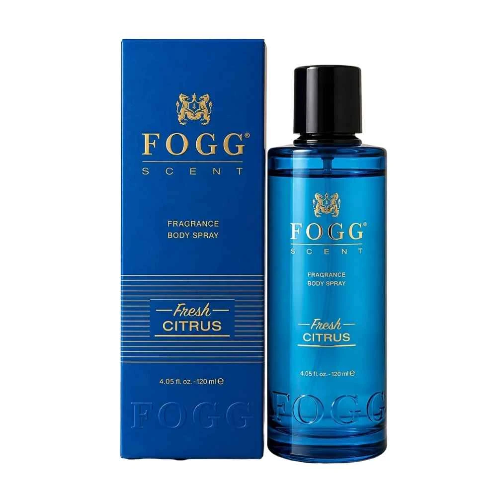 Fogg Scent Fresh Citrus Premium Perfume Spray 120ml blue glass bottle and packaging