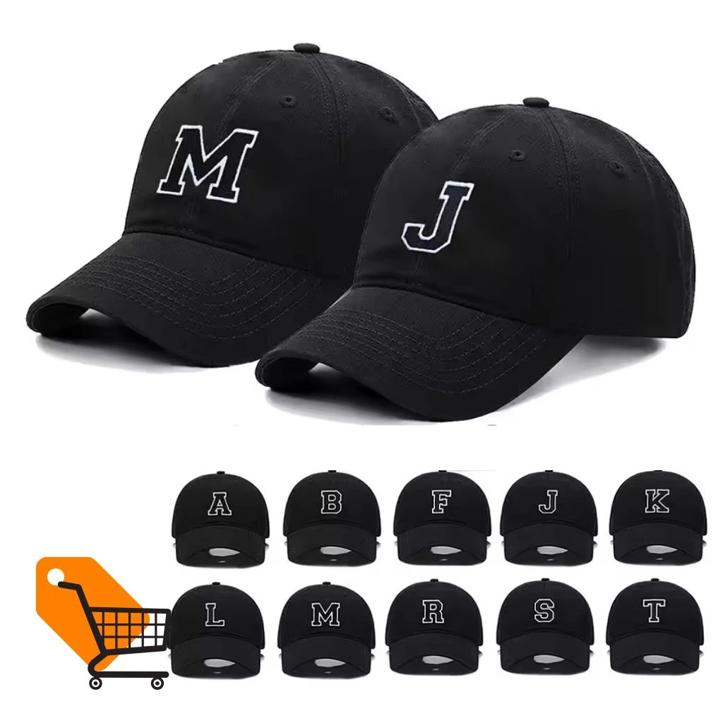 White Initial Letter A to Z Embroidery Black Baseball Cotton Cap For Men and Women 1 pcs
